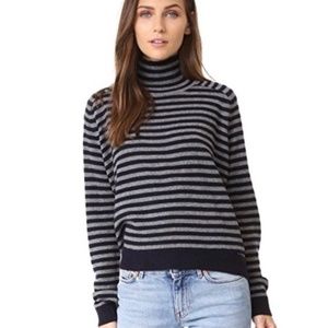 Vince Breton Navy and Gray Striped 100% Cashmere Turtleneck Large